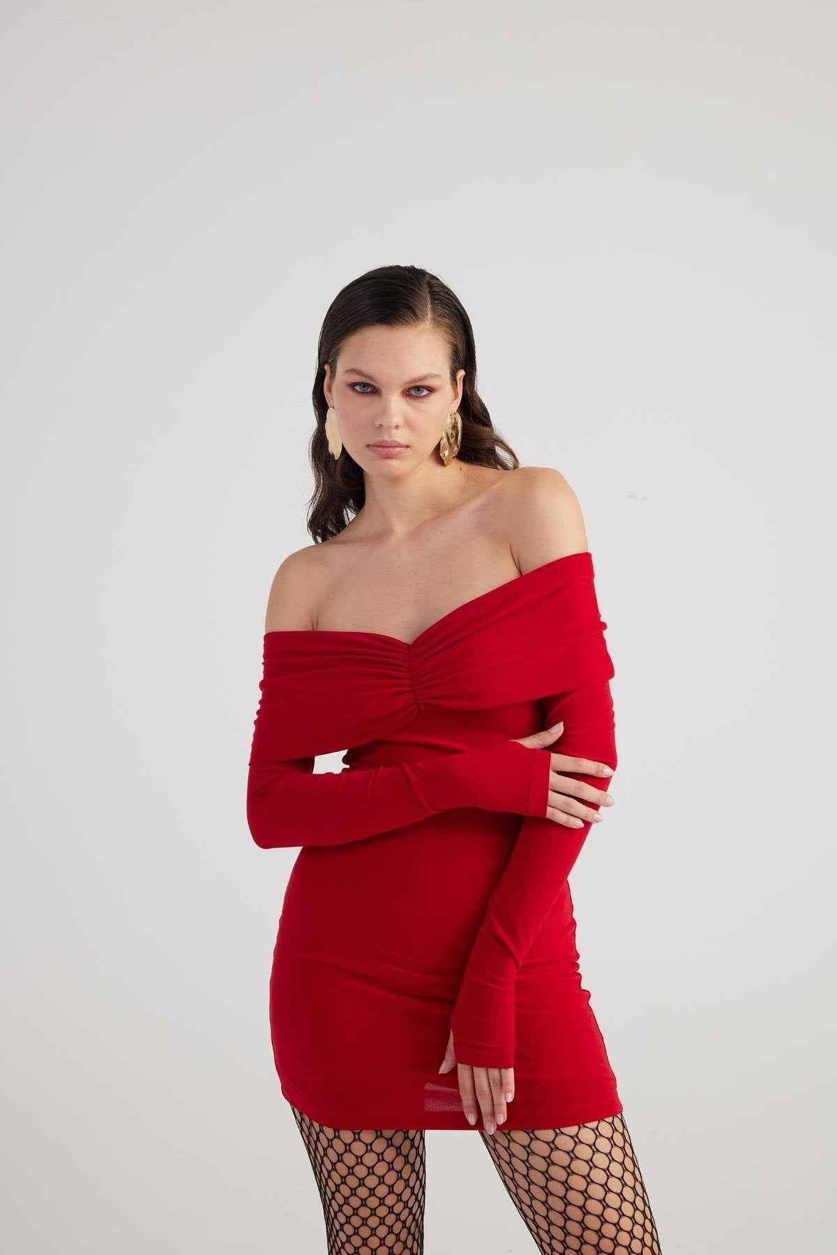 Dreamer Red Bardot Neck Mini Dress