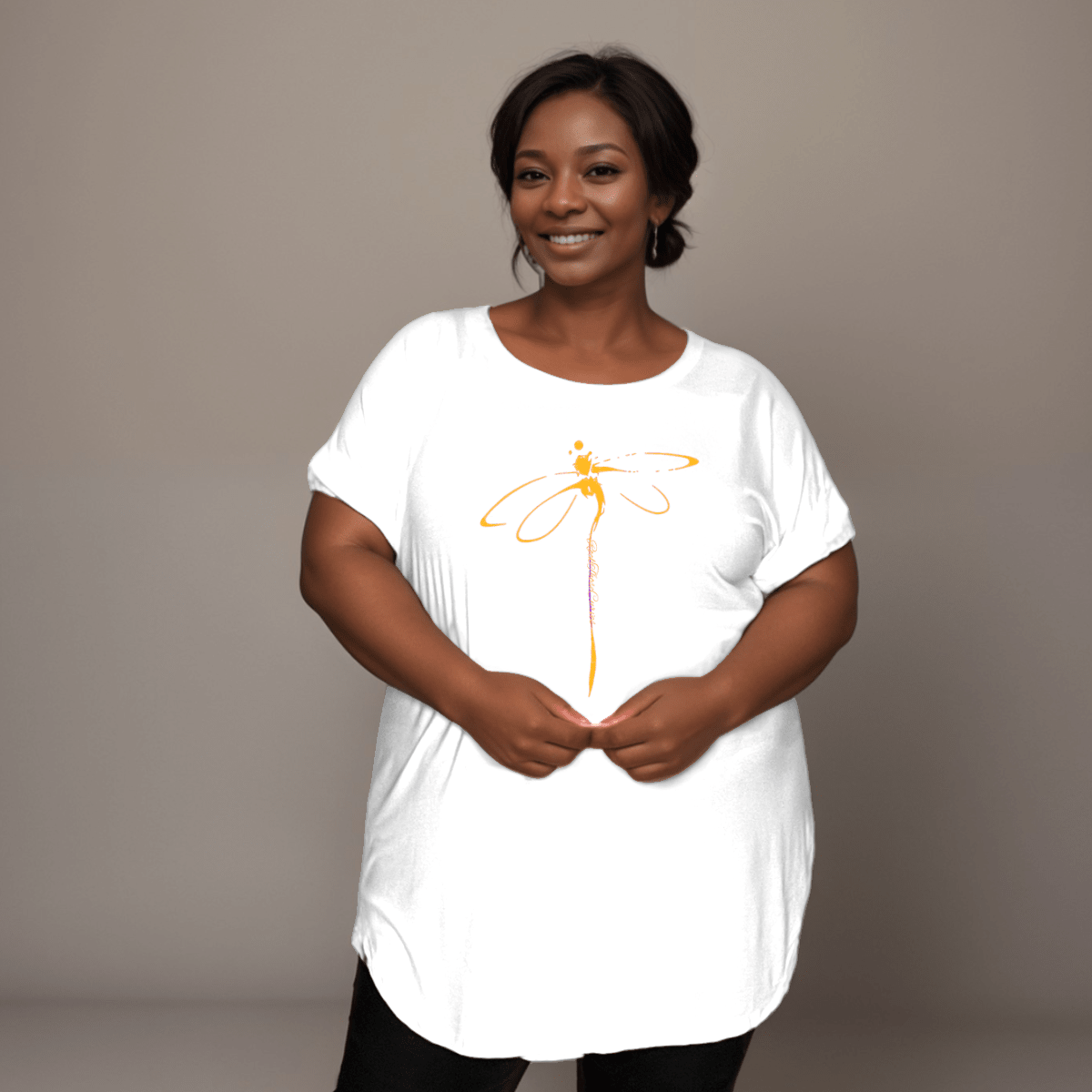 Plus‑Size Coloured Dragonfly Short Sleeve Dipped Hem T‑Shirt - FullFab