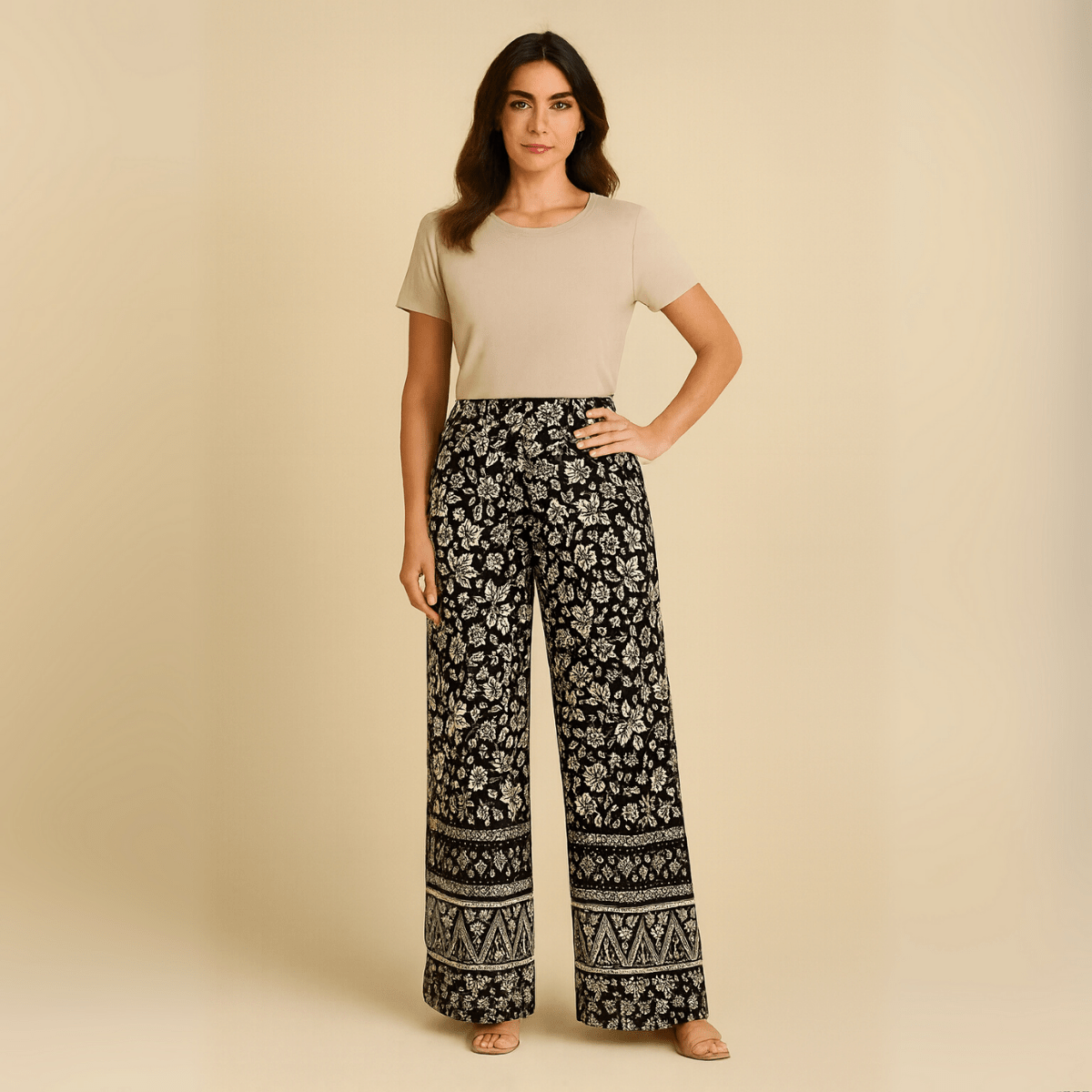 Feature hem wide leg elastic waist palazzo trousers - FullFab