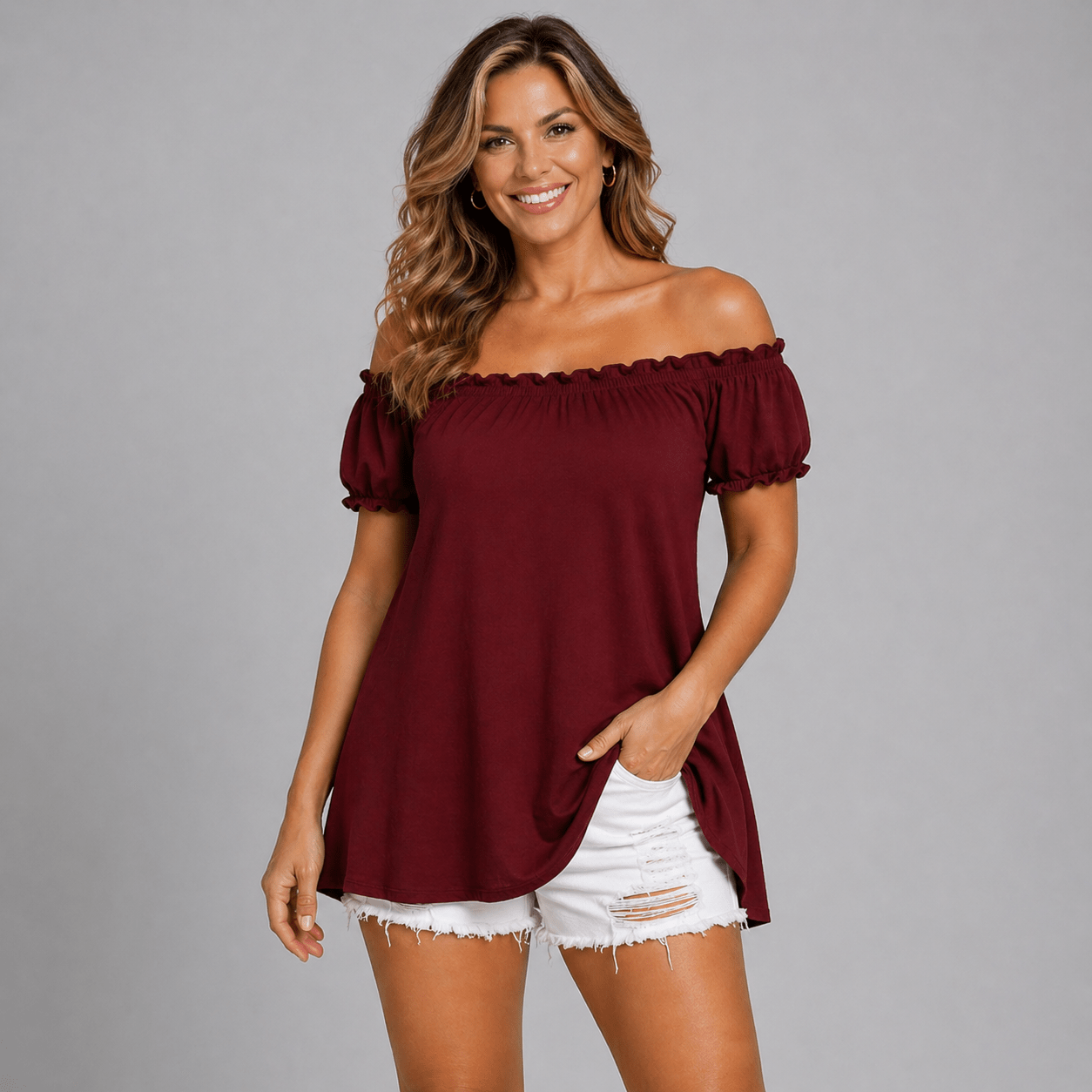 Longline Off-Shoulder Bardot Top / T-Shirt - FullFab