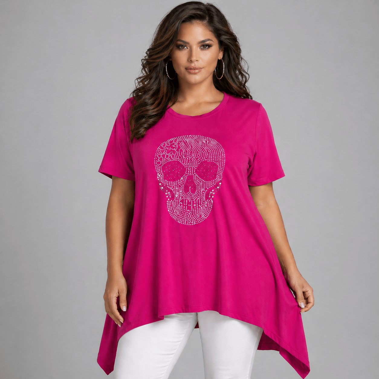 Pink Skull Graphic Tunic featuring a stylish skull design and a relaxed fit.
