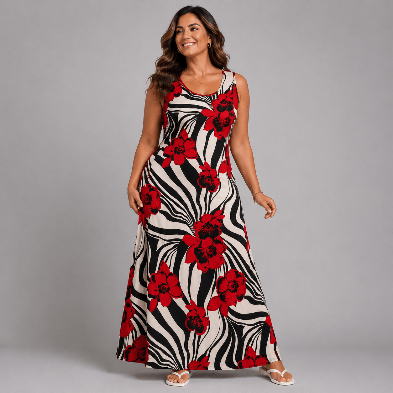Red White Black Swirl Sleeveless Maxi Dress - FullFab