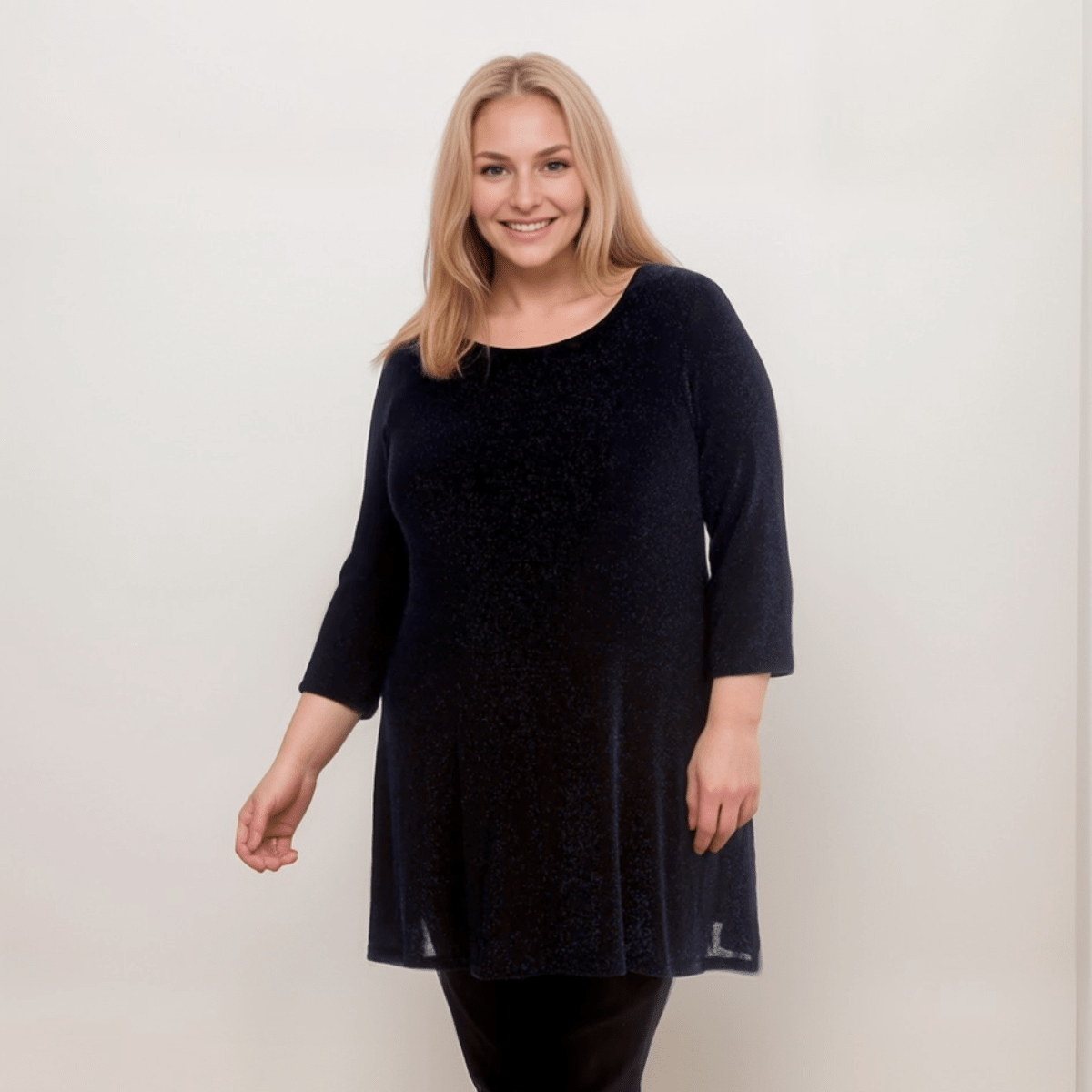 Navy Plus Size Tunic featuring a relaxed fit and three-quarter sleeves.
