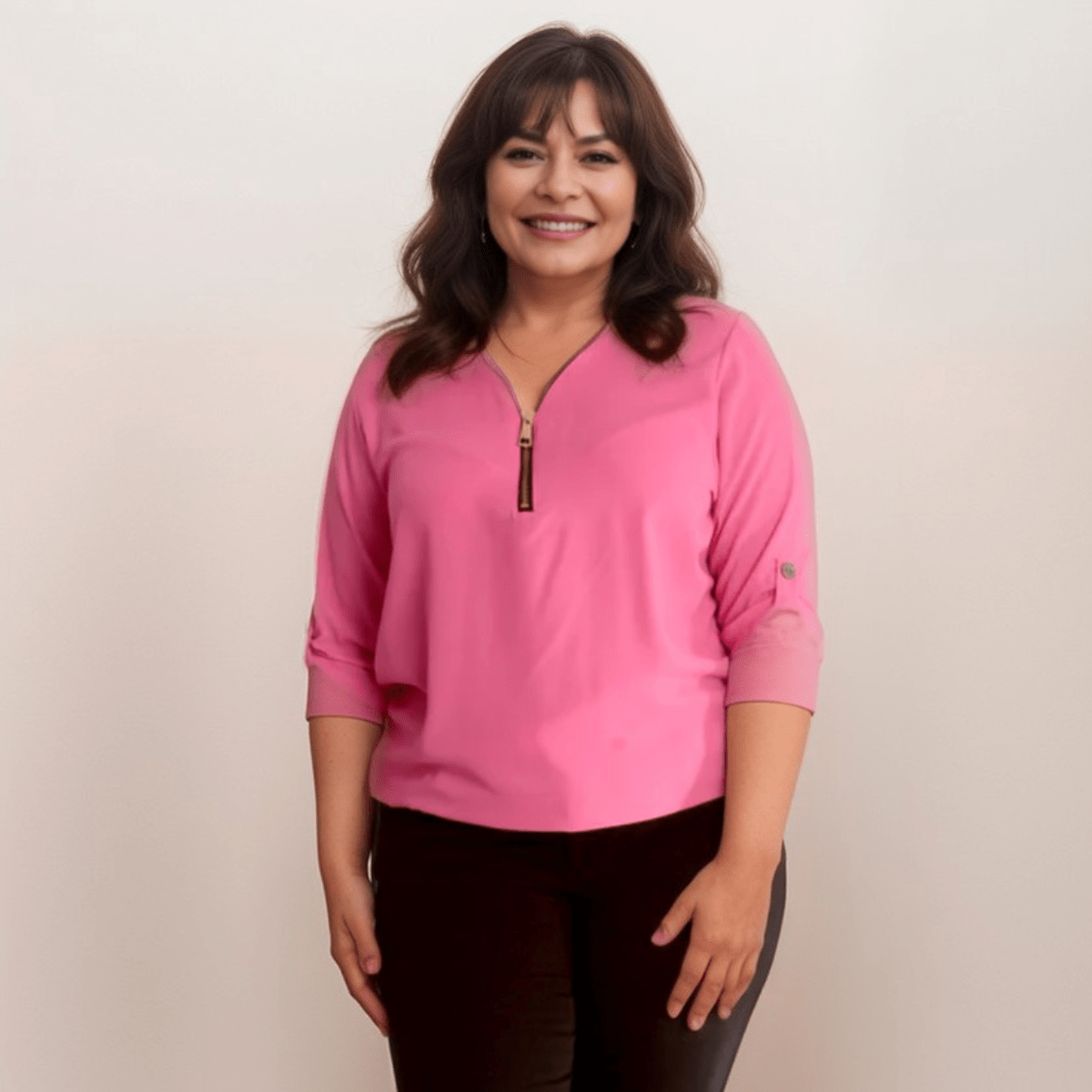 DIPPED HEM BATWING BLOUSE WITH ZIP V-NECK - FullFab