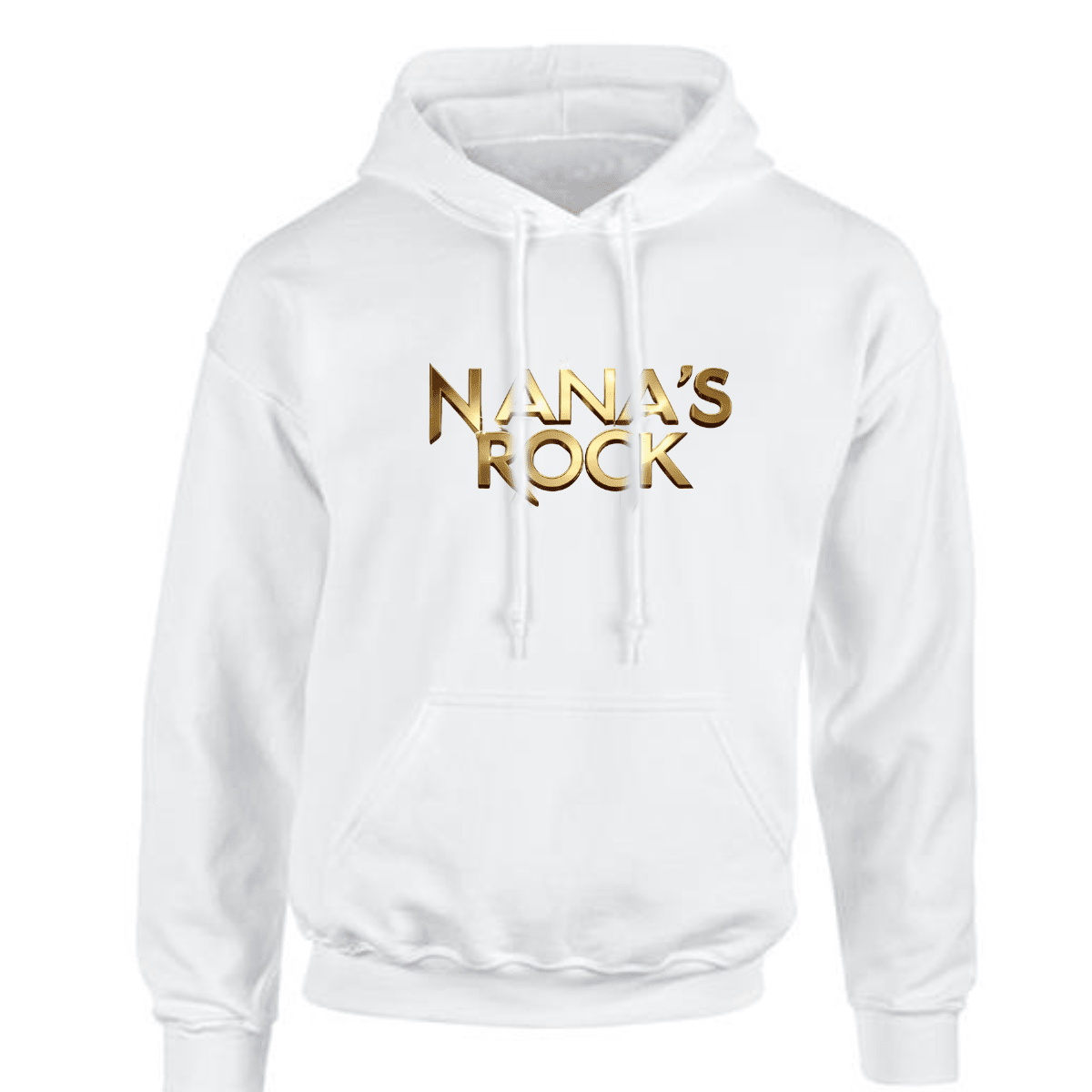 Nana's Rock white hoodie featuring a stylish gold logo design.