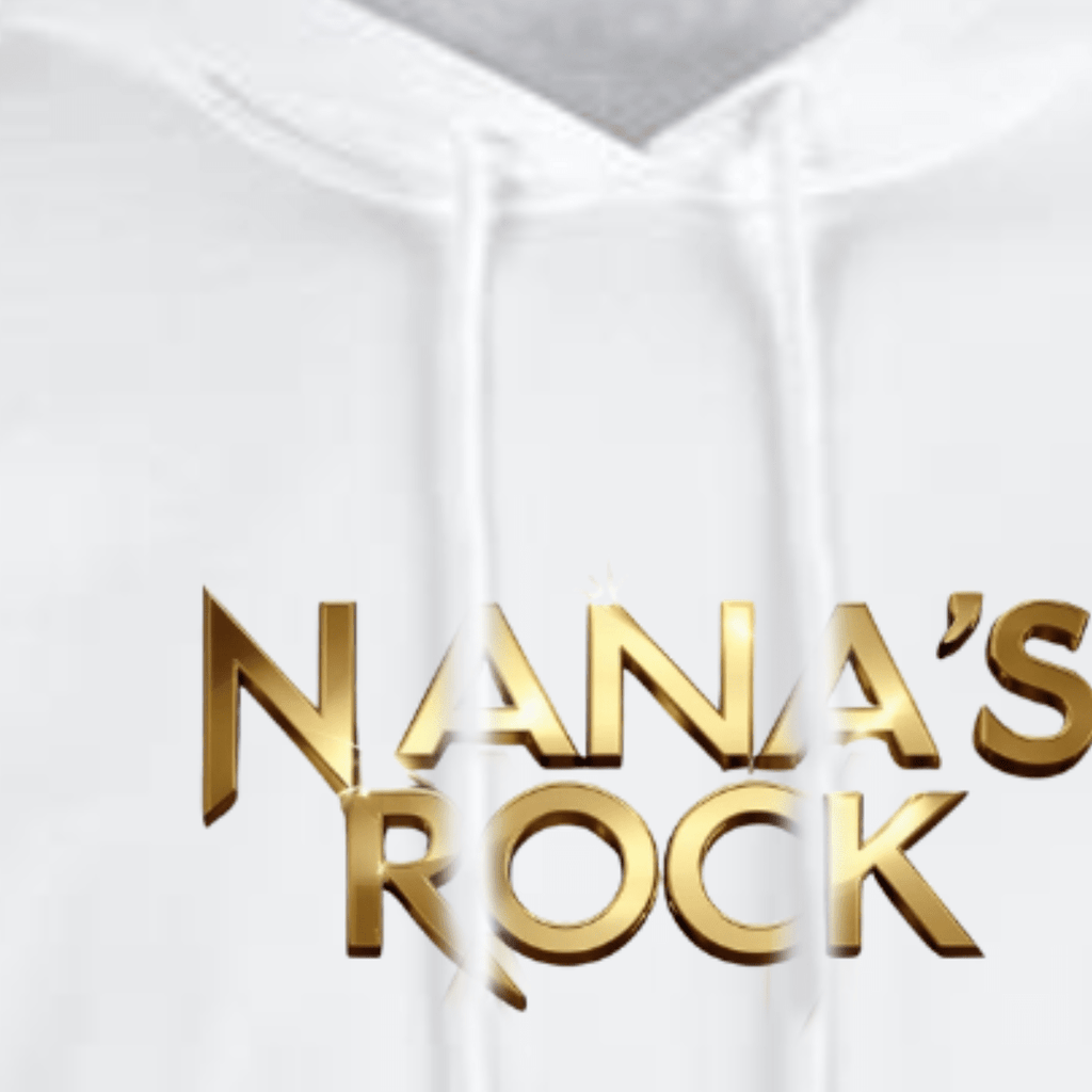 Nana's Rock white hoodie featuring a stylish gold logo on the front.