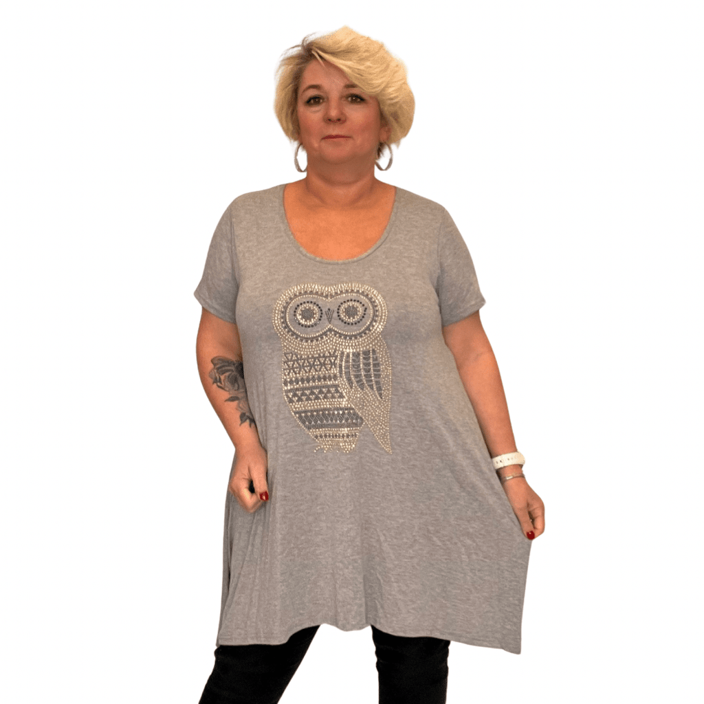 ROCKTHOSECURVES SHORT SLEEVE HANKY HEM STUDDED OWL LONG LENGTH TOP - FullFab