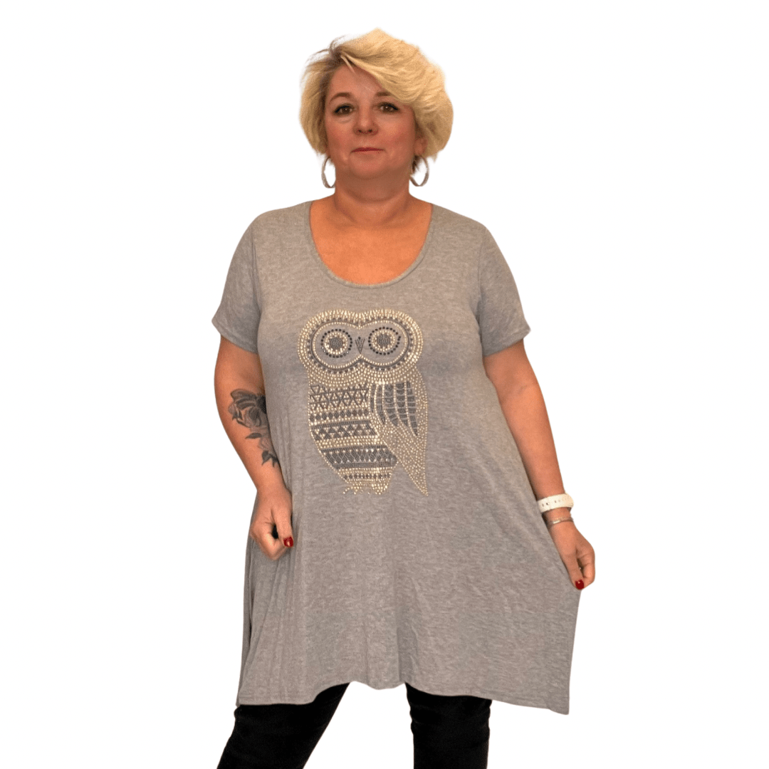ROCKTHOSECURVES SHORT SLEEVE HANKY HEM STUDDED OWL LONG LENGTH TOP - FullFab