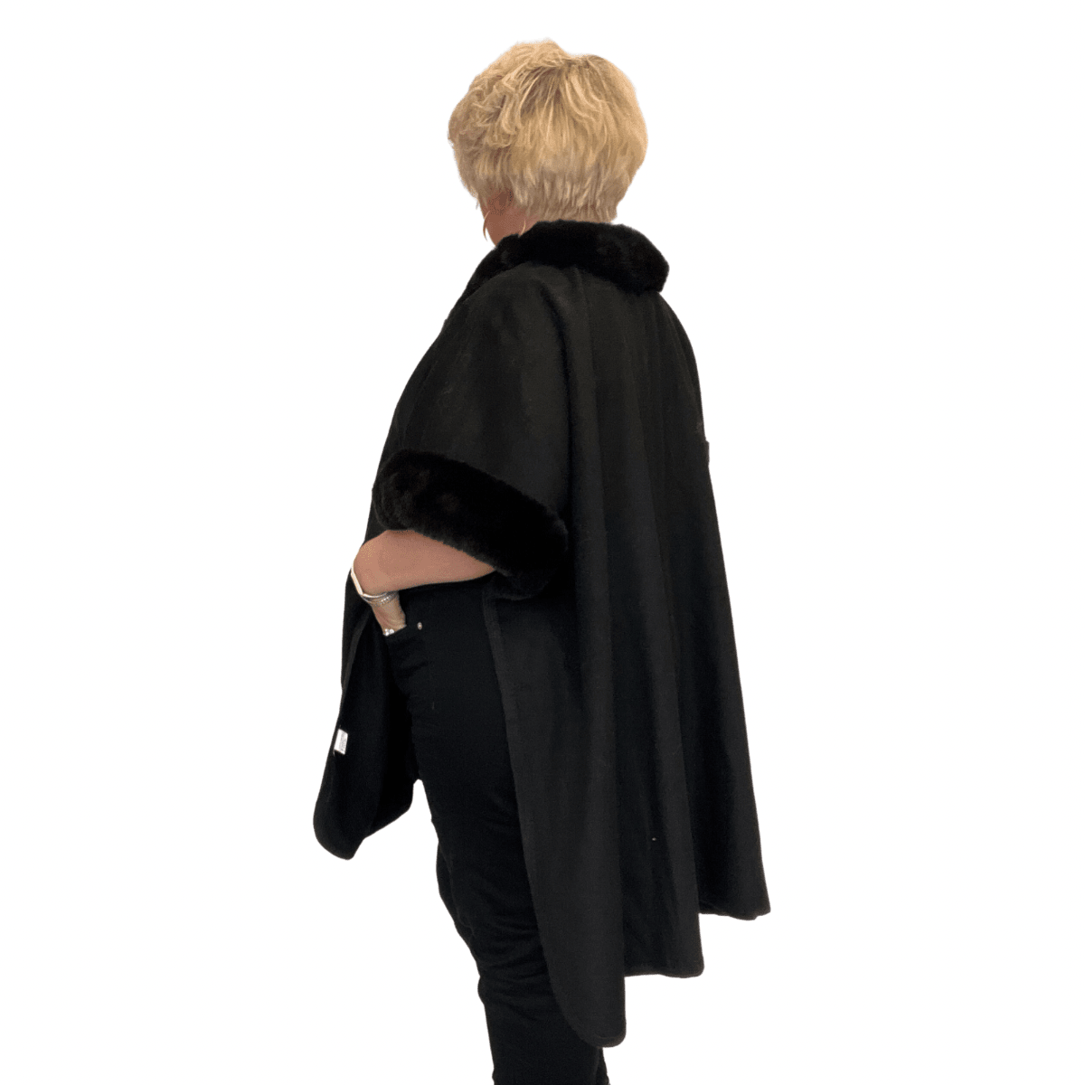 Black Faux Fur Cape featuring a stylish collar and elegant design.