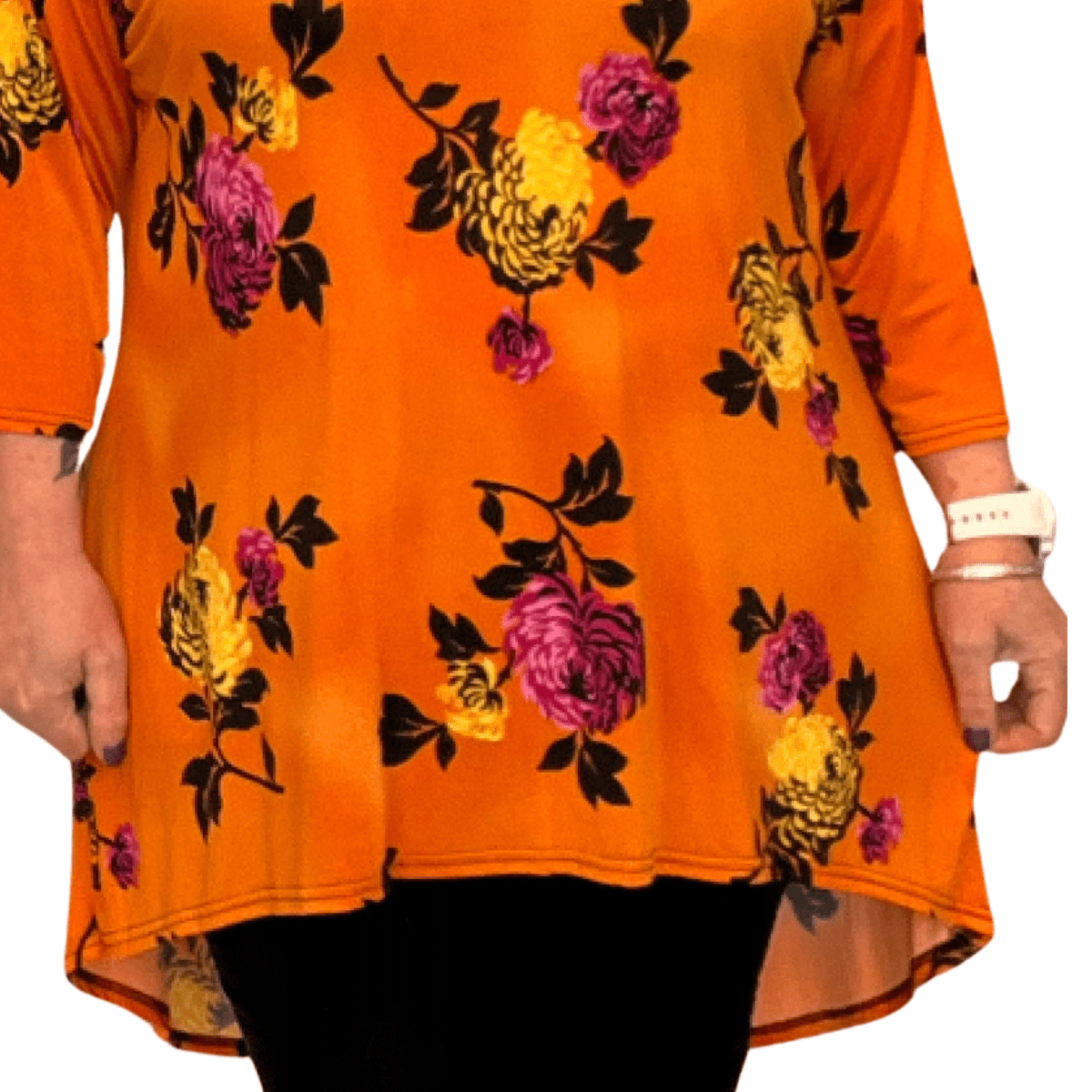 ROCKTHOSECURVES BRIGHT FLORAL PEONY 3/4 SLEEVE DIPPED HEM TOP - FullFab