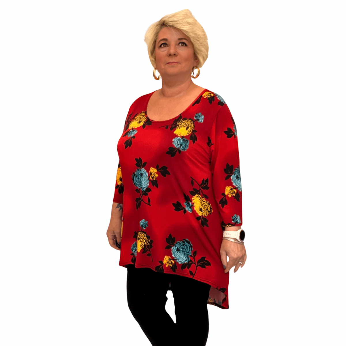ROCKTHOSECURVES BRIGHT FLORAL PEONY 3/4 SLEEVE DIPPED HEM TOP - FullFab