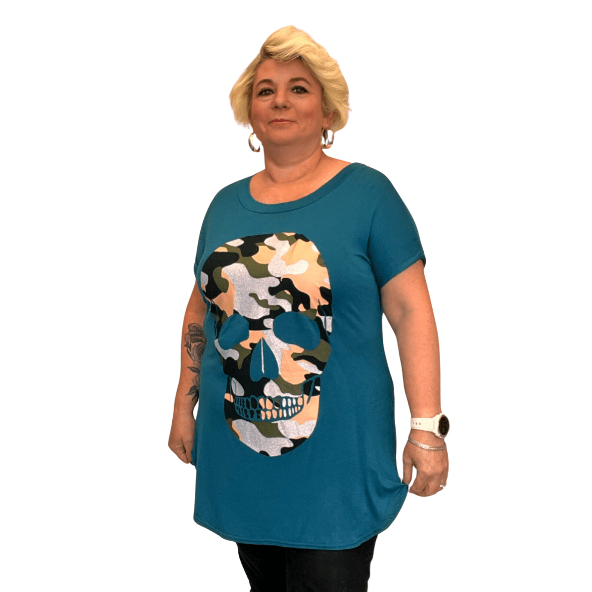 Dipped Hem Short Sleeve Glitter Skull T-Shirt - FullFab