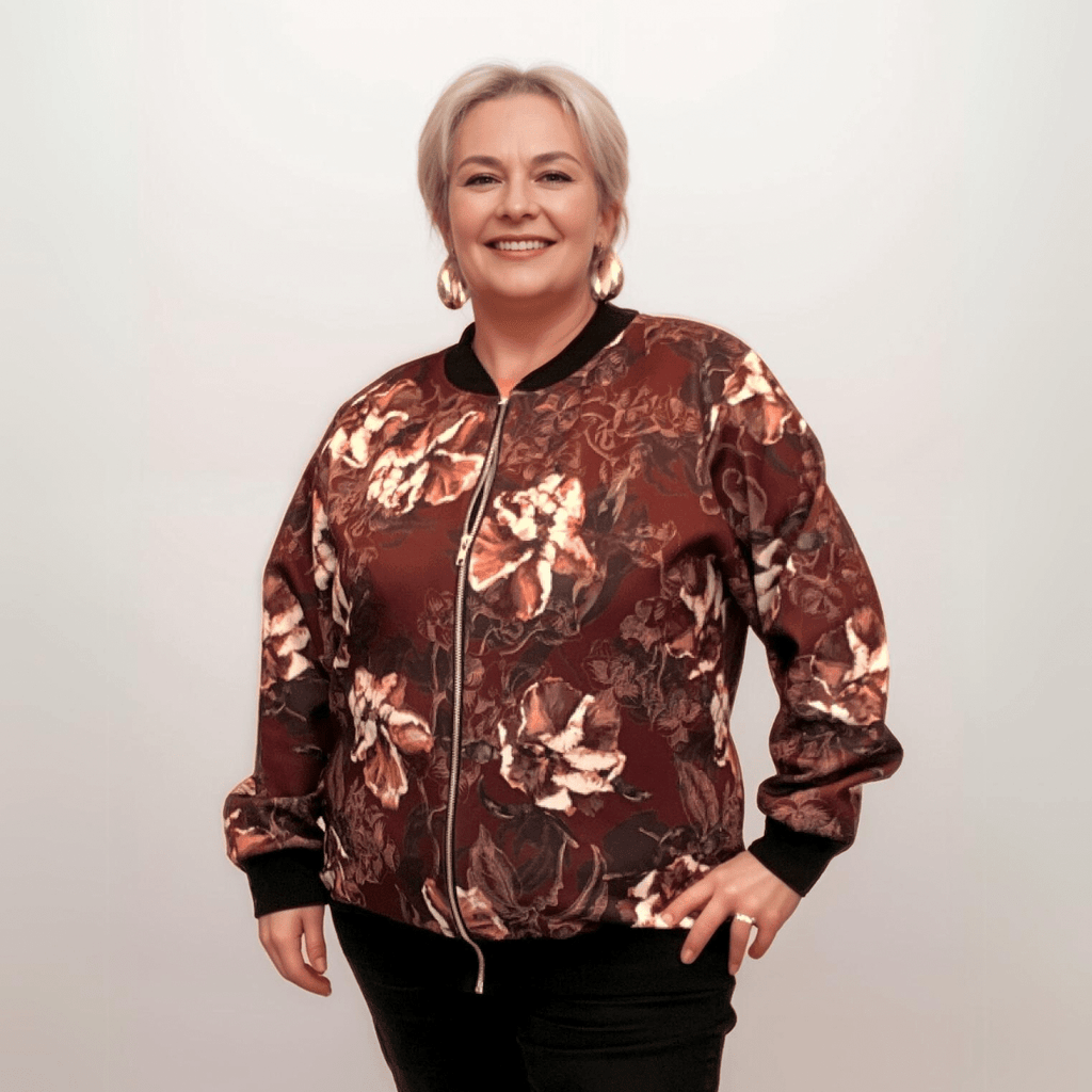 ROCKTHOSECURVES WINE FLORAL ZIP UP BOMBER JACKET - FullFab