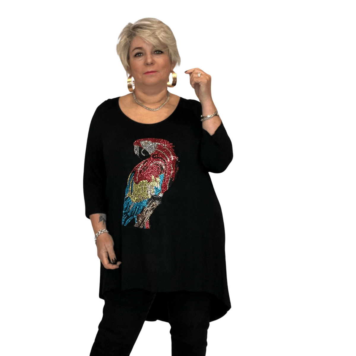 ROCKTHOSECURVES STUDDED PARROT 3/4 SLEEVE DIPPED HEM TOP - FullFab