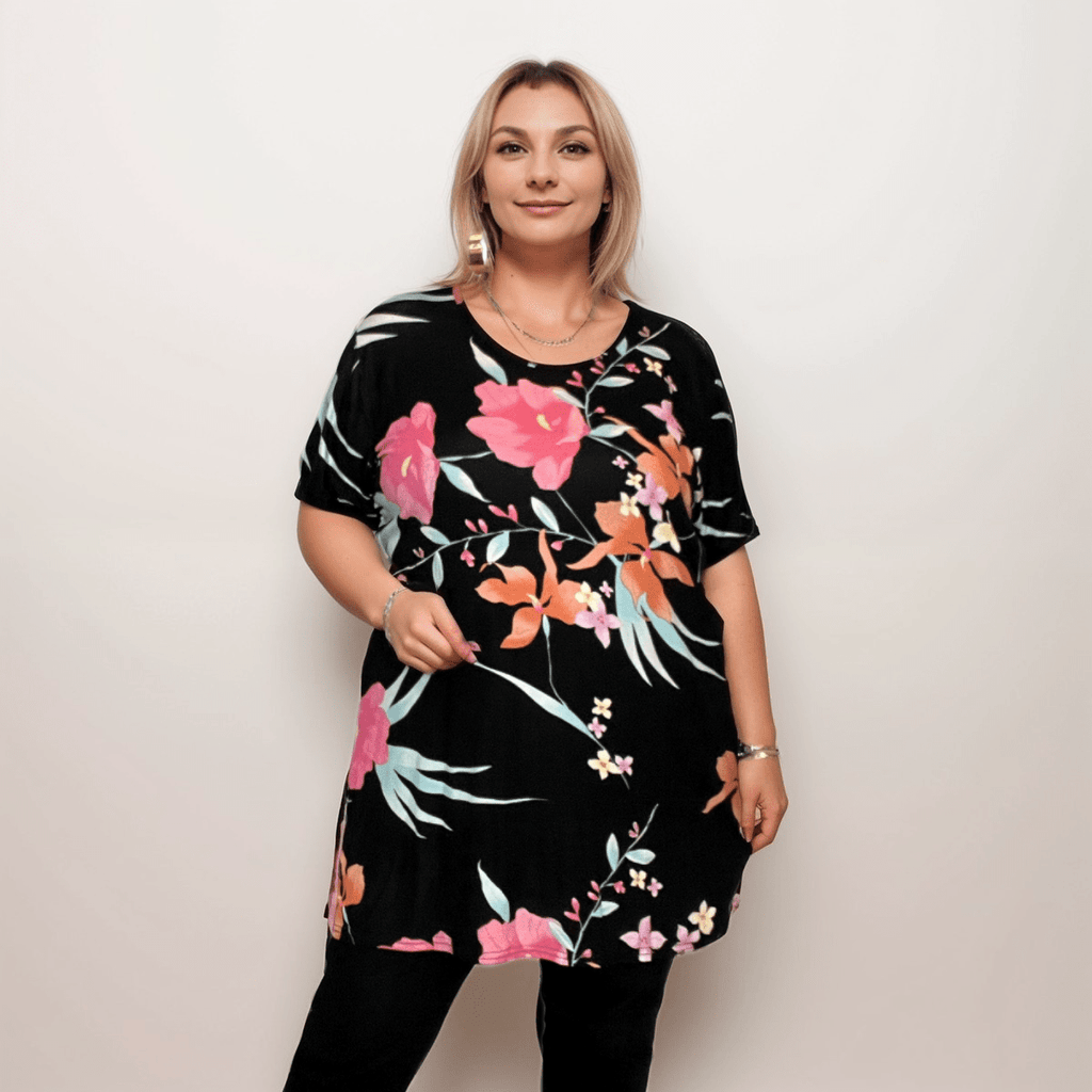 BLACK TROPICAL LONG LENGTH SHORT SLEEVE T-SHIRT - FullFab