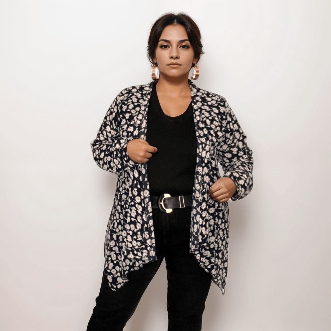 Floral Print Kimono Cardigan featuring a black and white design, perfect for layering.