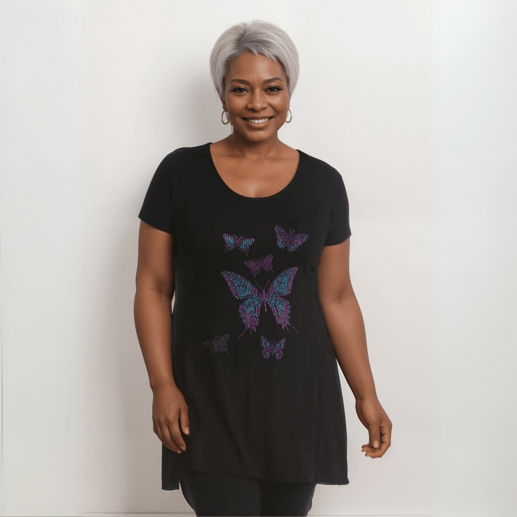 ROCKTHOSECURVES FLARED HEM STUDDED BUTTERFLIES LONG TOP - FullFab