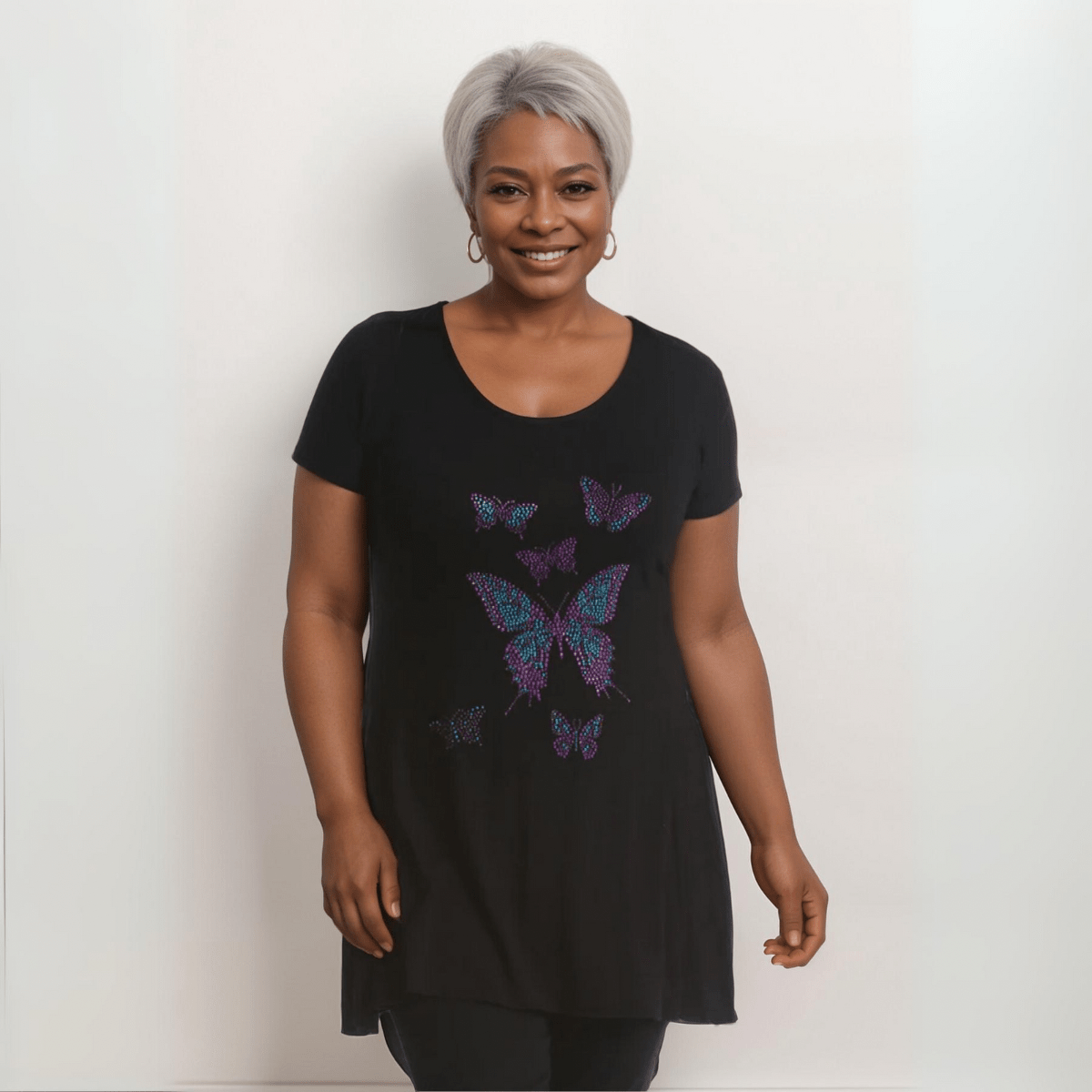 ROCKTHOSECURVES FLARED HEM STUDDED BUTTERFLIES LONG TOP - FullFab