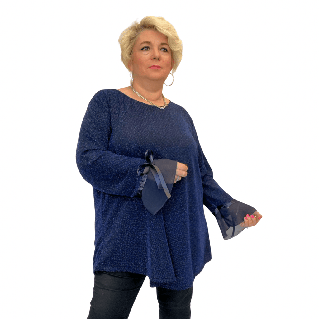 Navy Blue Sweater with Sheer Sleeves, featuring a relaxed fit and stylish design.