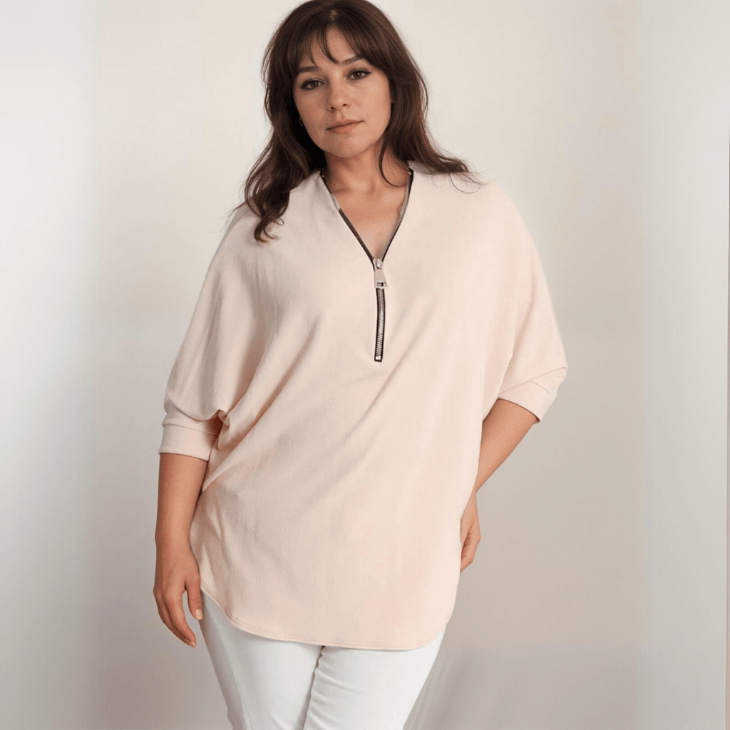DIPPED HEM BATWING BLOUSE WITH ZIP V-NECK - FullFab