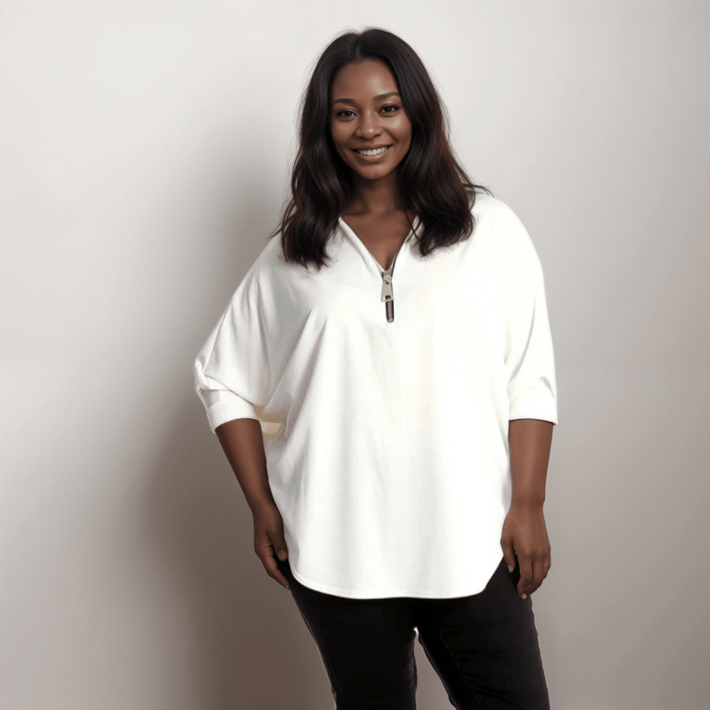 DIPPED HEM BATWING BLOUSE WITH ZIP V-NECK - FullFab