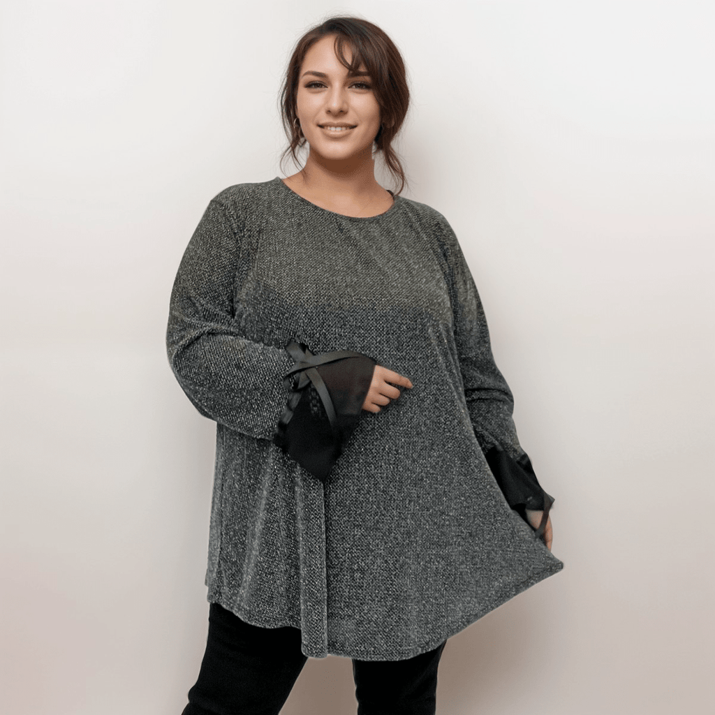 Sparkly Black Tunic Top with Bell Sleeves, perfect for casual outings.
