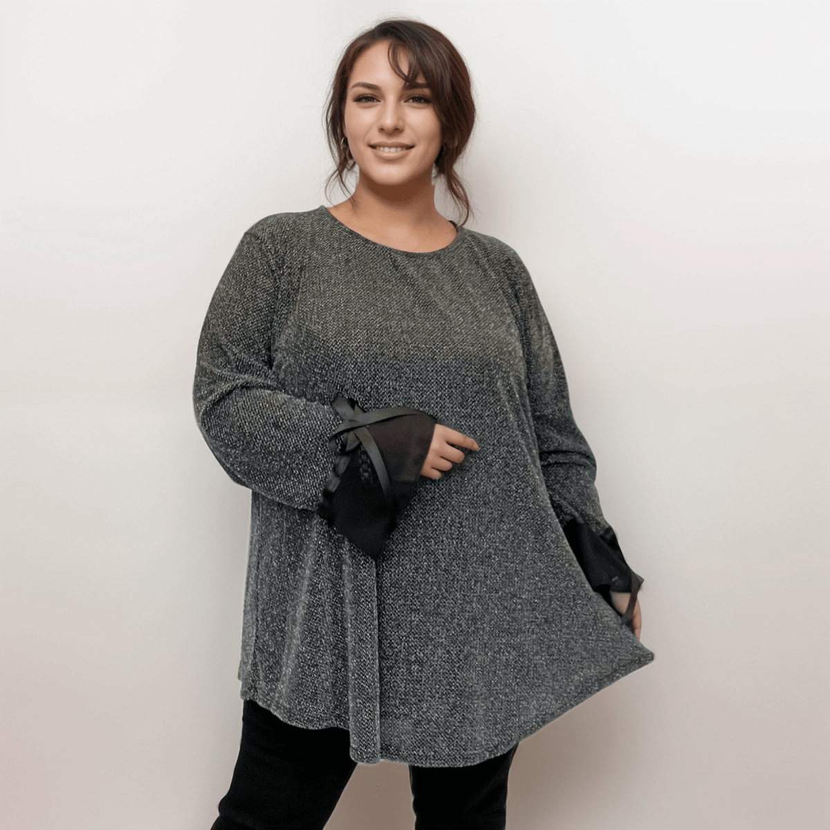Sparkly Black Tunic Top with Bell Sleeves, perfect for casual outings.