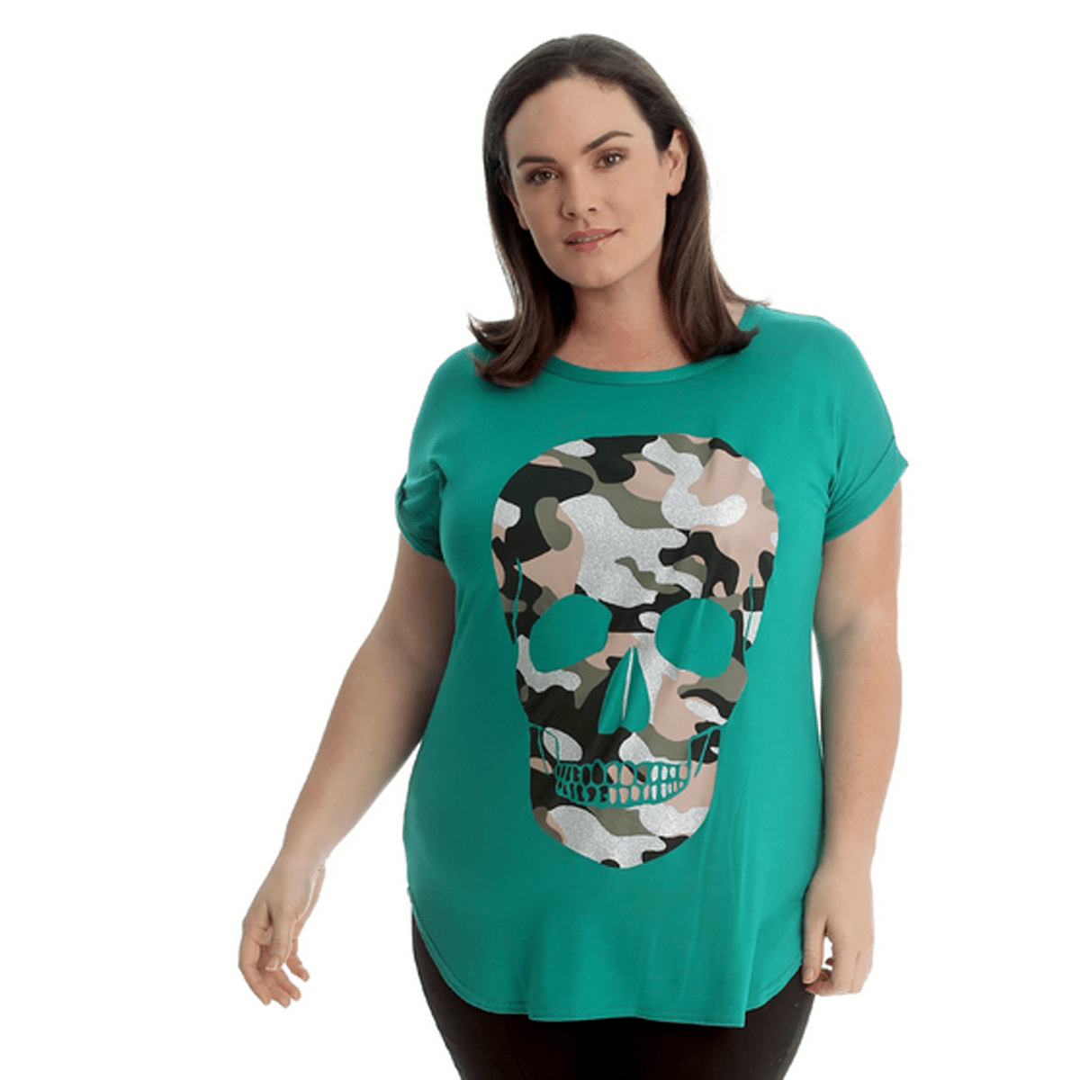 Dipped Hem Short Sleeve Glitter Skull T-Shirt - FullFab