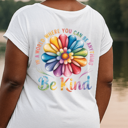 Be Kind t-shirt featuring a colorful flower design on the back, promoting positivity.