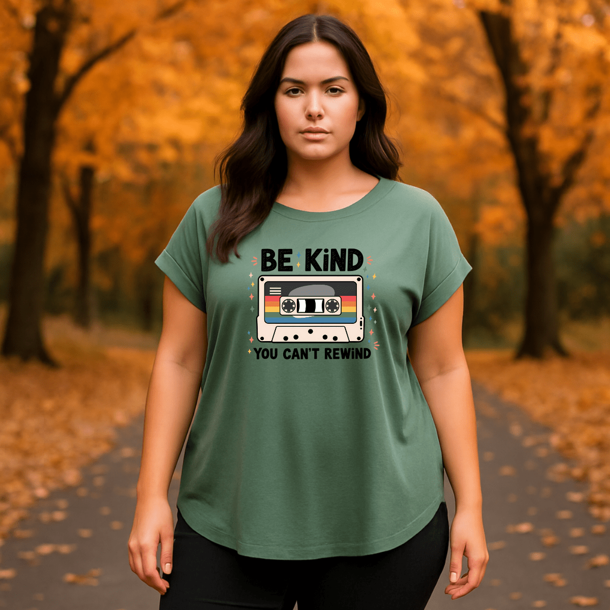 Be Kind You Can't Rewind t-shirt in green, featuring a retro cassette design.