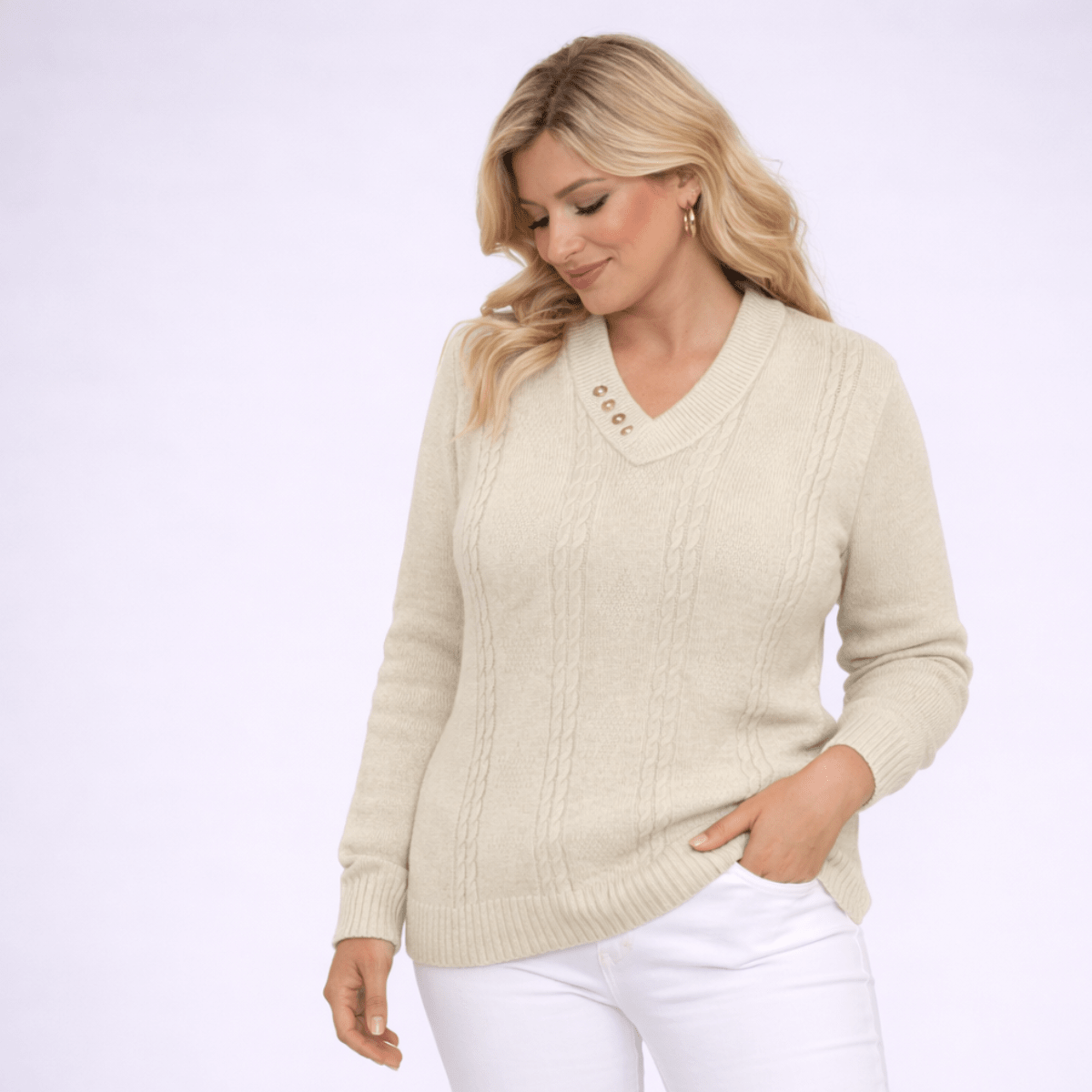 Beige cable knit sweater featuring a v-neck and stylish design, perfect for casual wear.