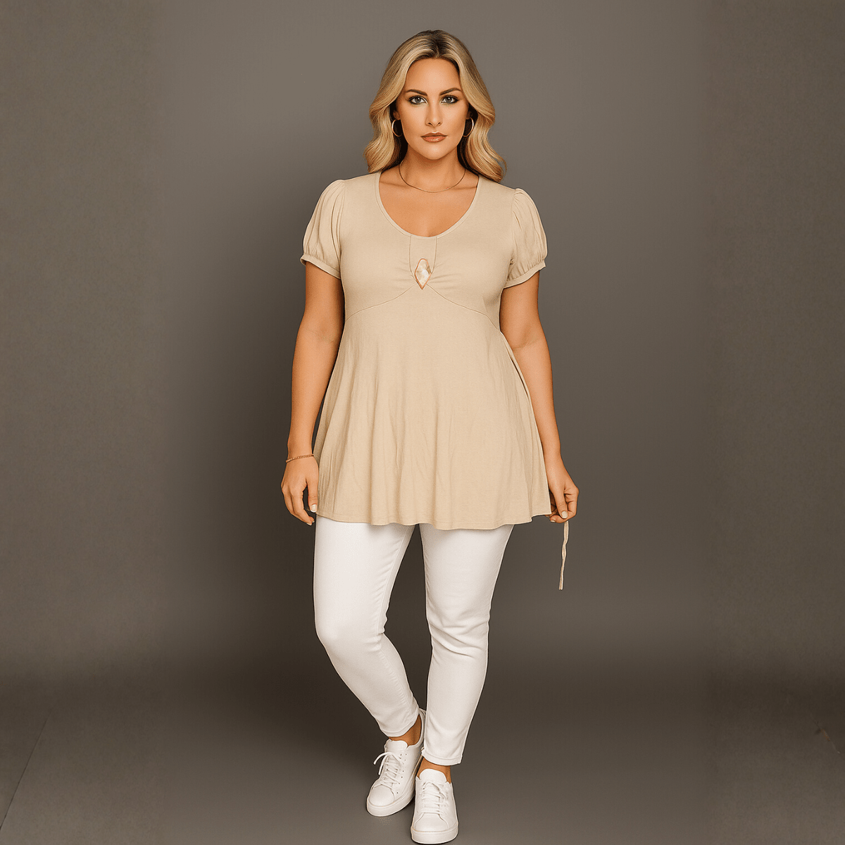Puff Sleeve Button Front Tunic Top - FullFab