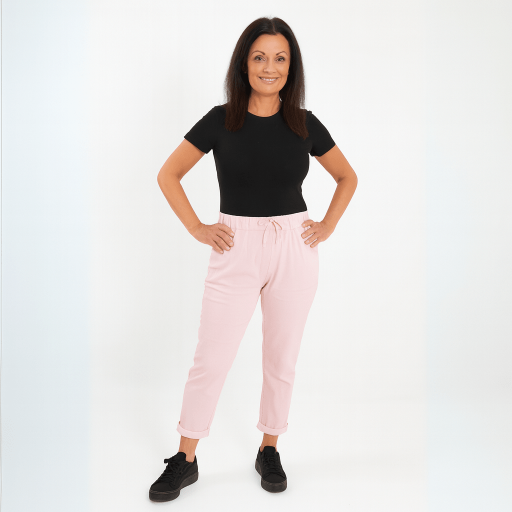 Black Bodysuit with Pink Jogger Pants, stylish and comfortable outfit for casual wear.