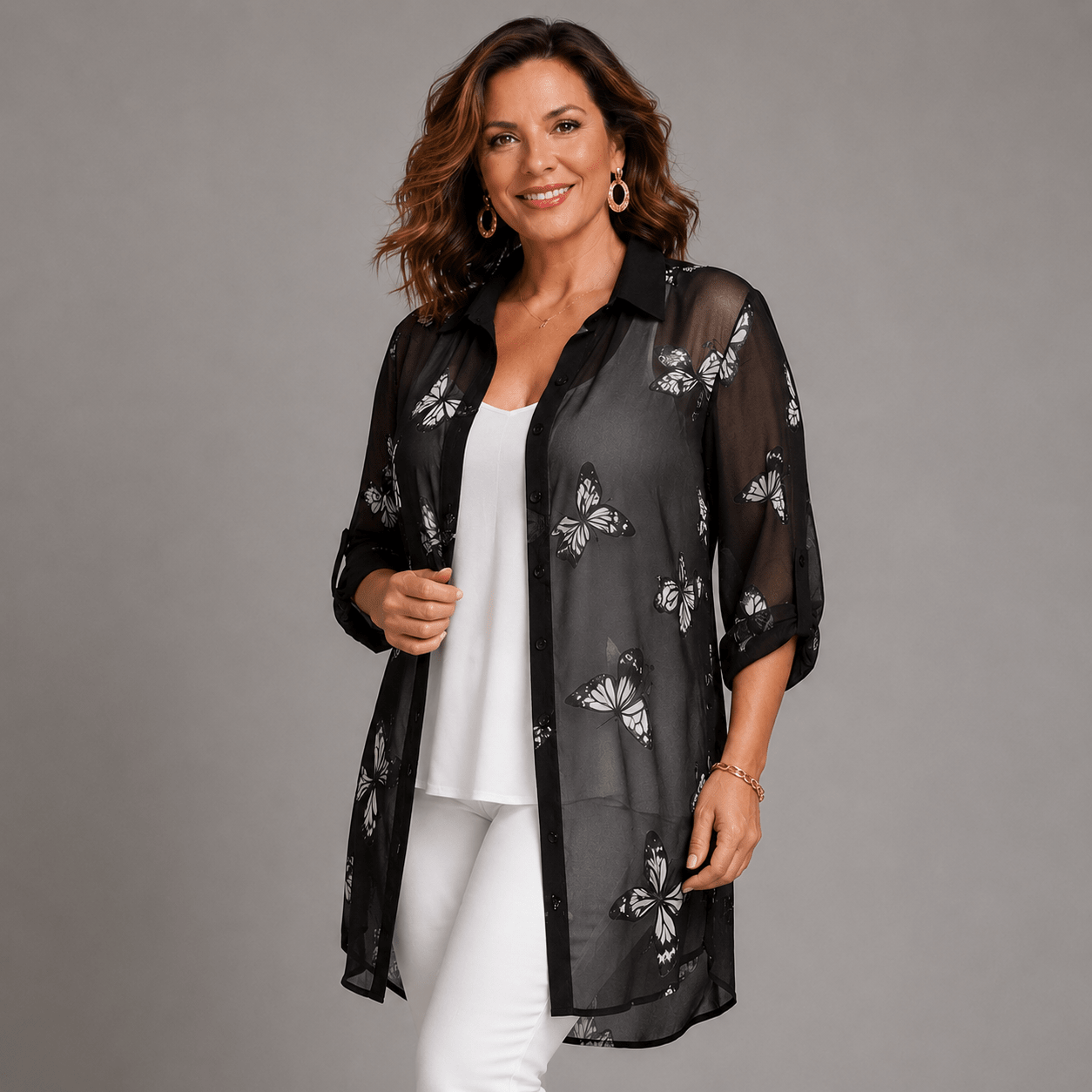 Long Length Chiffon Blouse / Shirt with Butterfly Print - FullFab