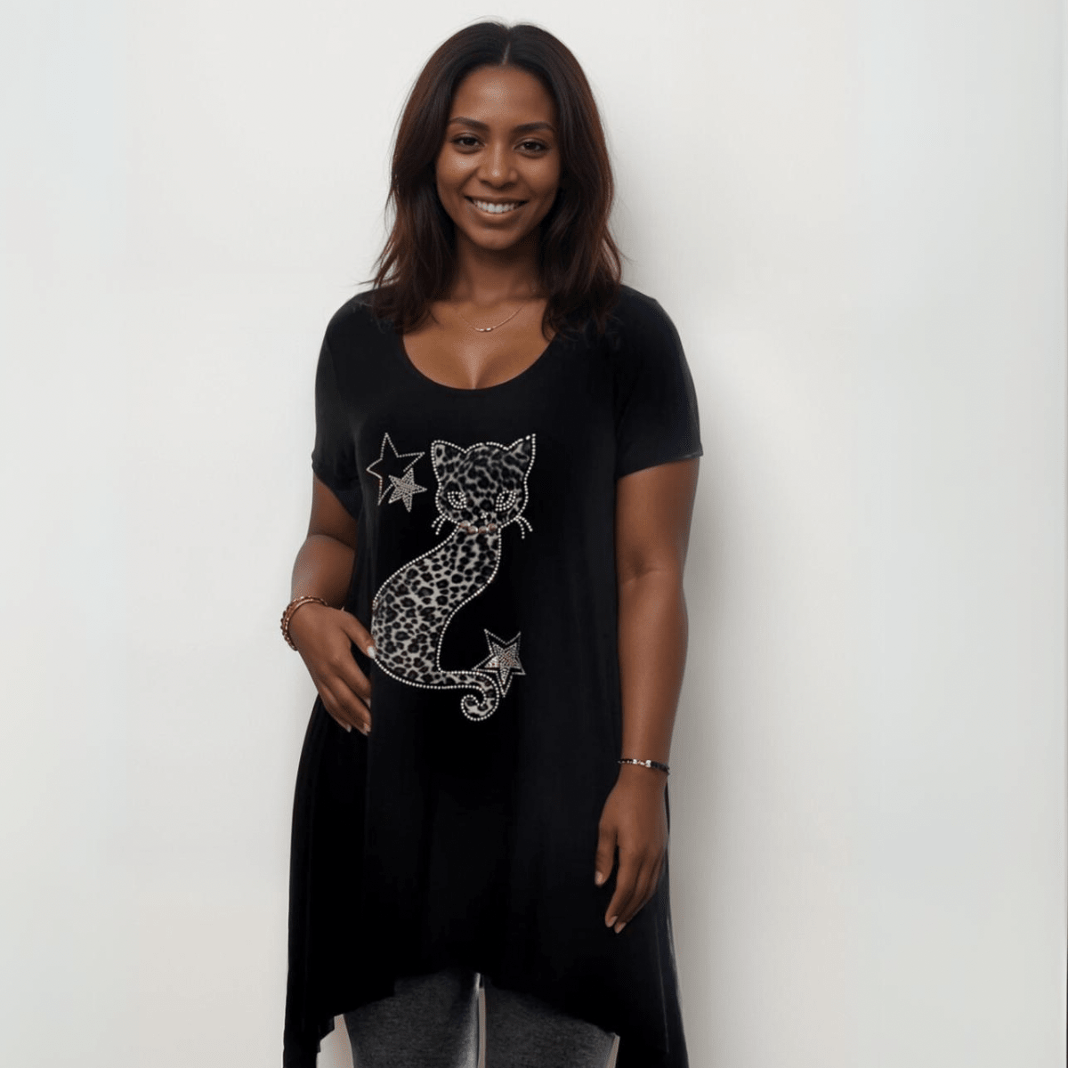 Studded Cat Hanky Hem Long Top - FullFab