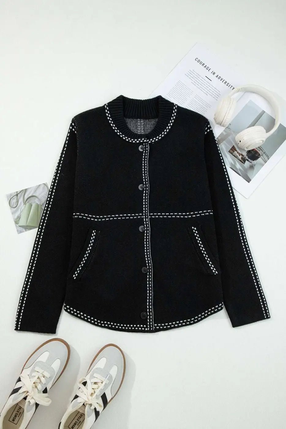 Black Contrast Trim Knit Cardigan Women UK - FullFab