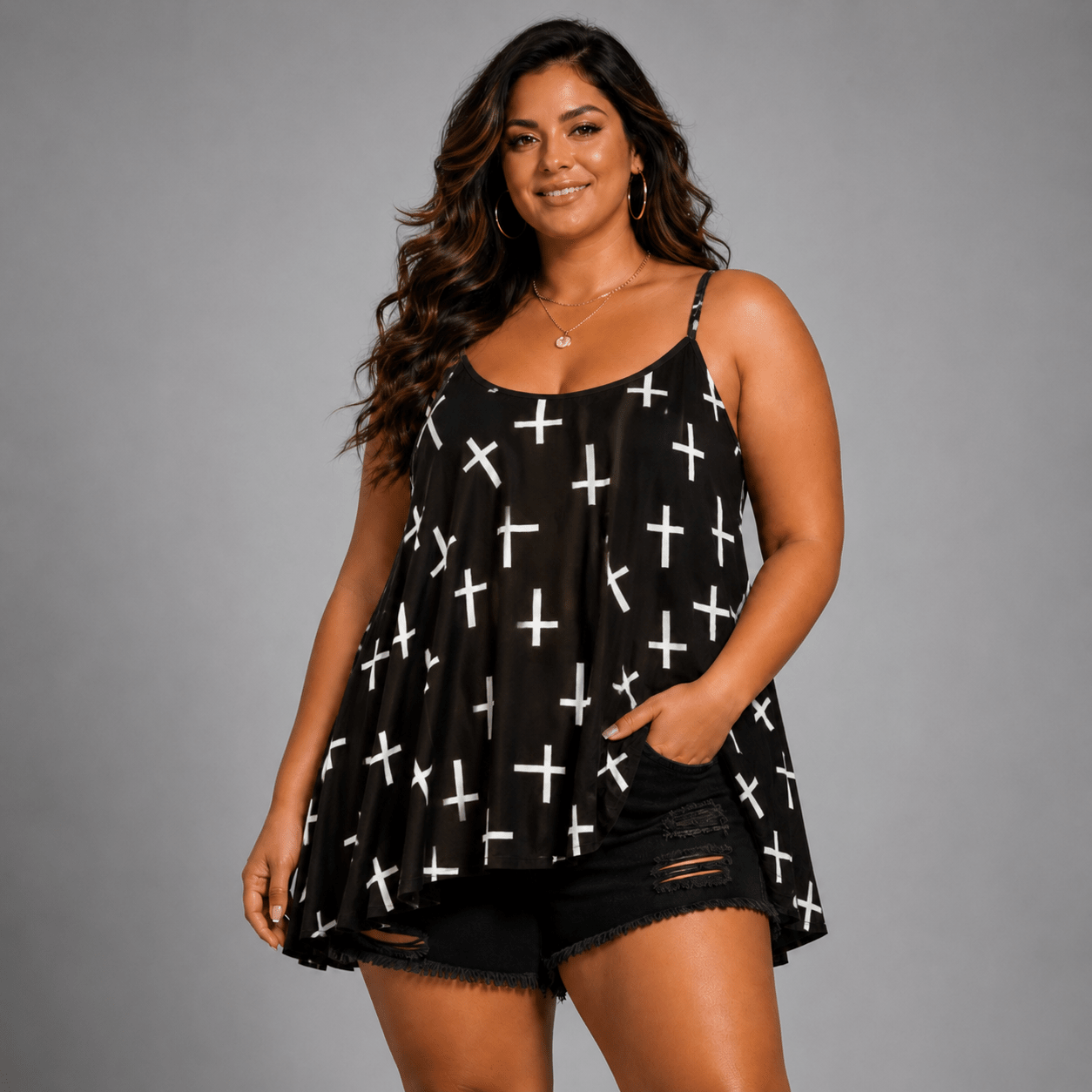 Black Cross Cami Vest Swing Top with Hanky Hem - FullFab