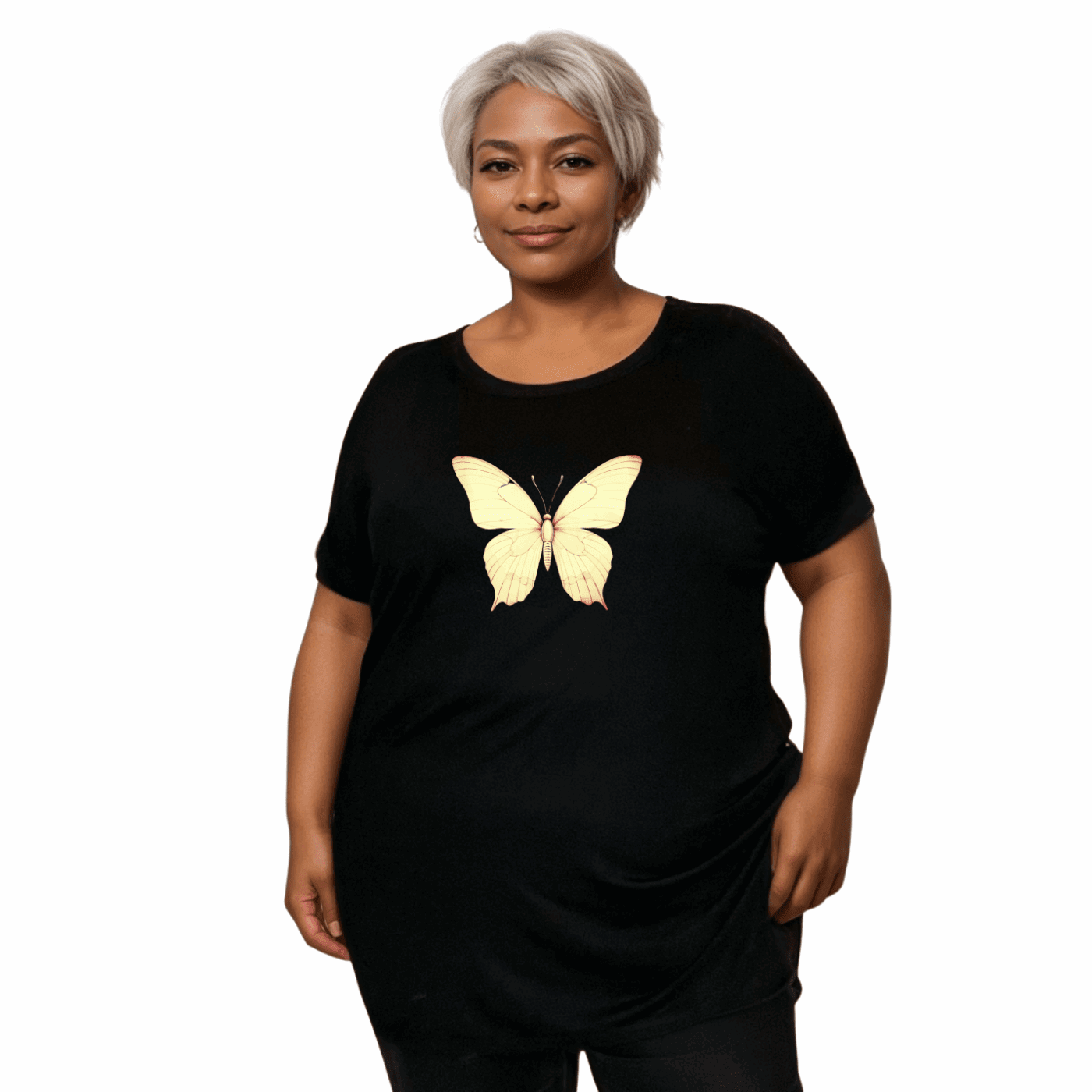 BLACK DIPPED HEM T-SHIRT WITH PASTEL BUTTERFLY - FullFab