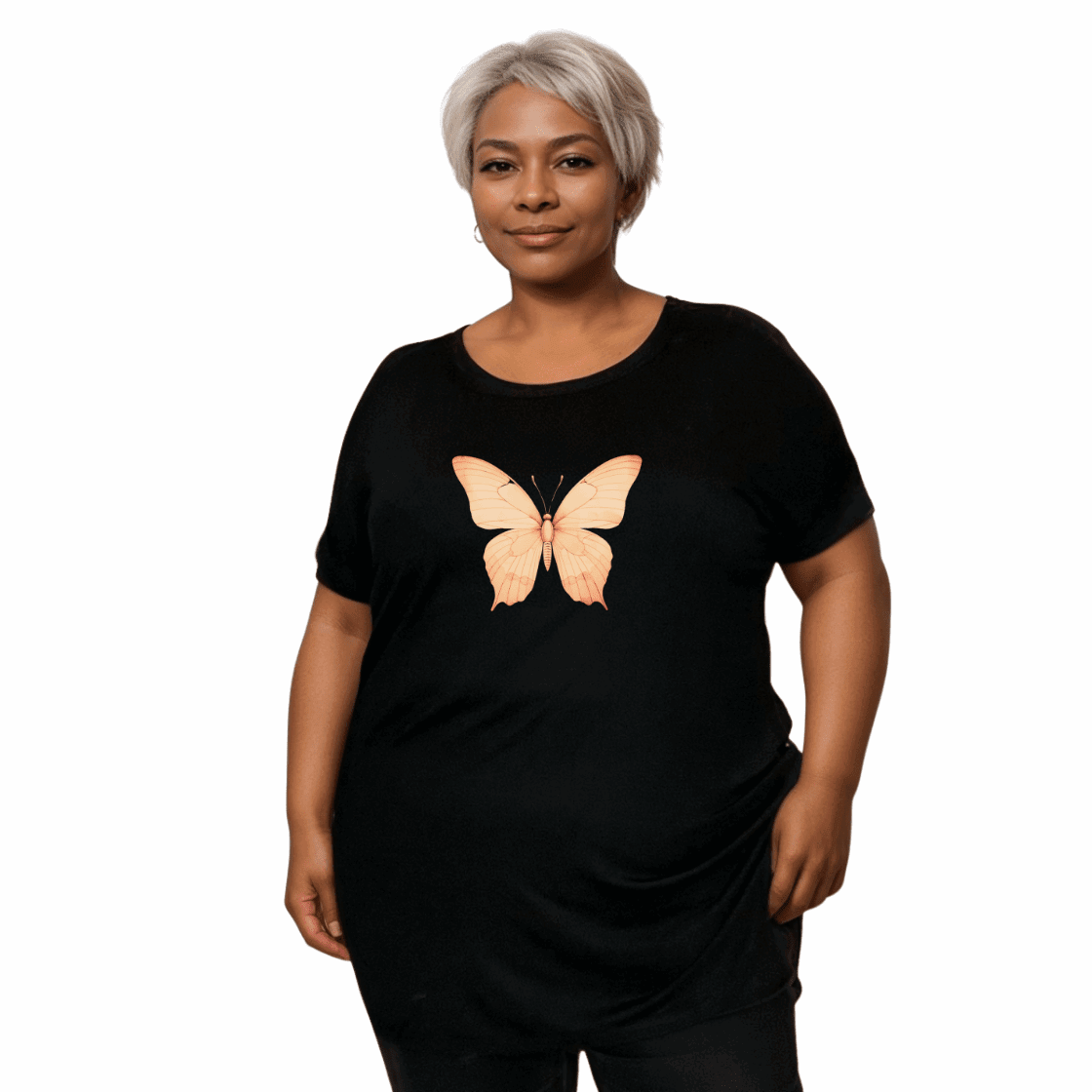 BLACK DIPPED HEM T-SHIRT WITH PASTEL BUTTERFLY - FullFab