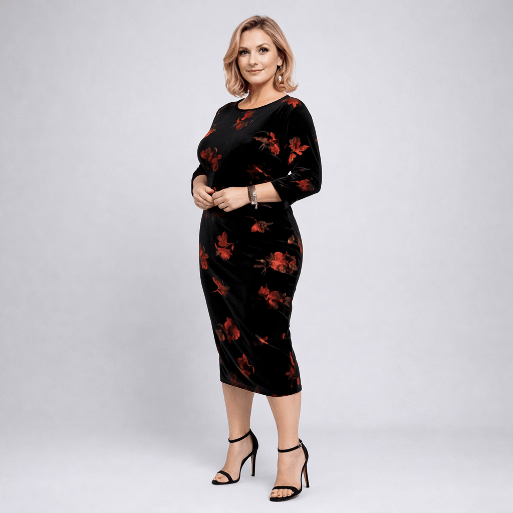 Black Red 3/4 Sleeve Stretch Velvet Midi Dress - FullFab