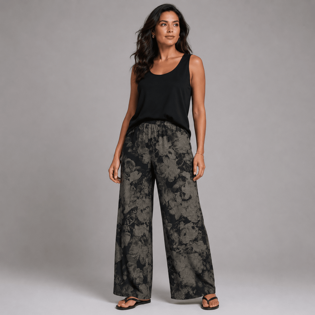 Black Floral Wide-Leg Pants featuring a relaxed fit and stylish design.