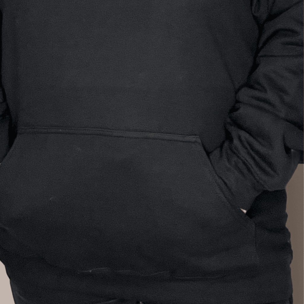 Black Hoodie featuring a front pocket and soft fabric for comfort.