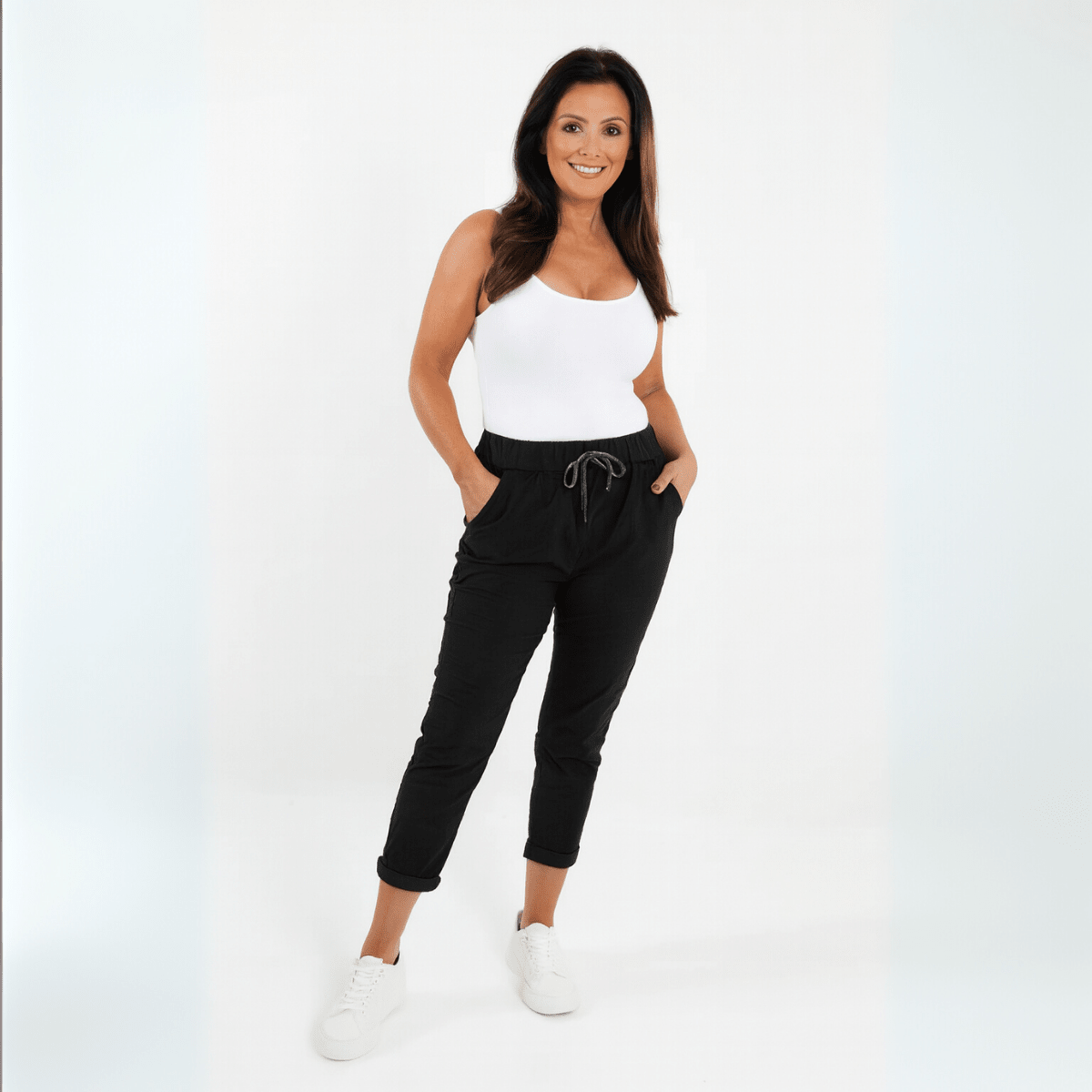 Black Jogger Pants featuring a comfortable fit and drawstring waist.