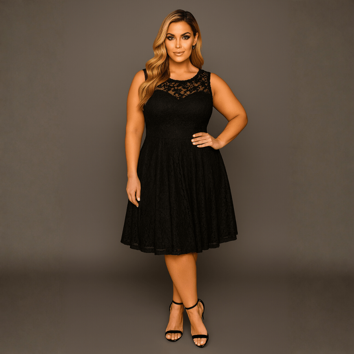 Sleeveless Lace Sweetheart Neckline Skater Dress - FullFab