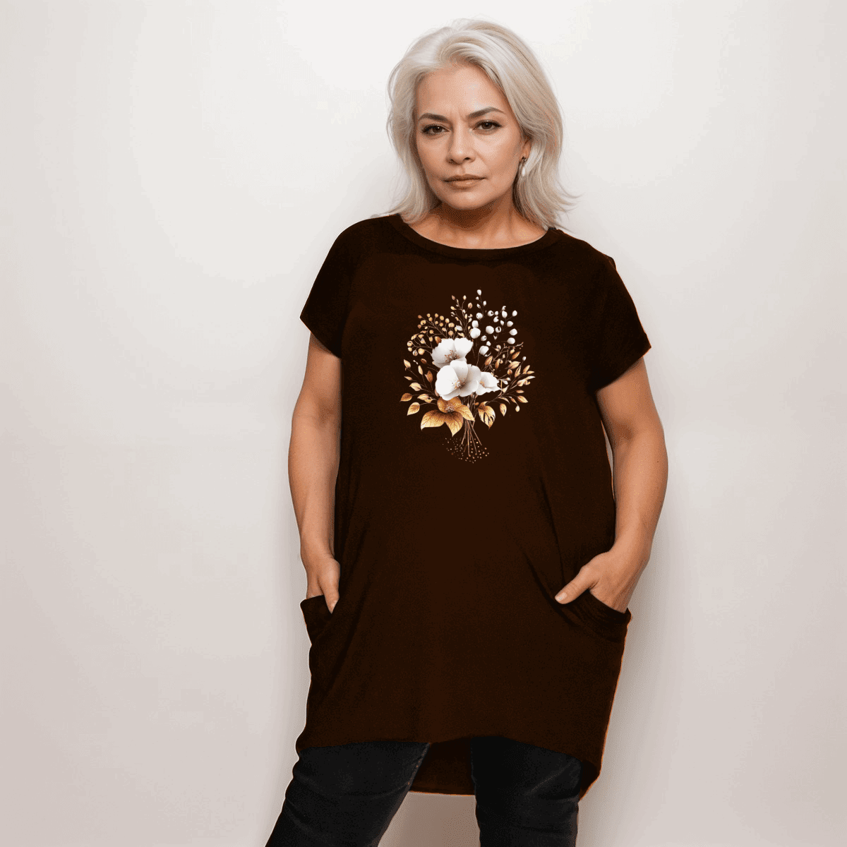 BLACK LONG POCKET T-SHIRT / TOP WITH PRETTY FLOWERS - FullFab