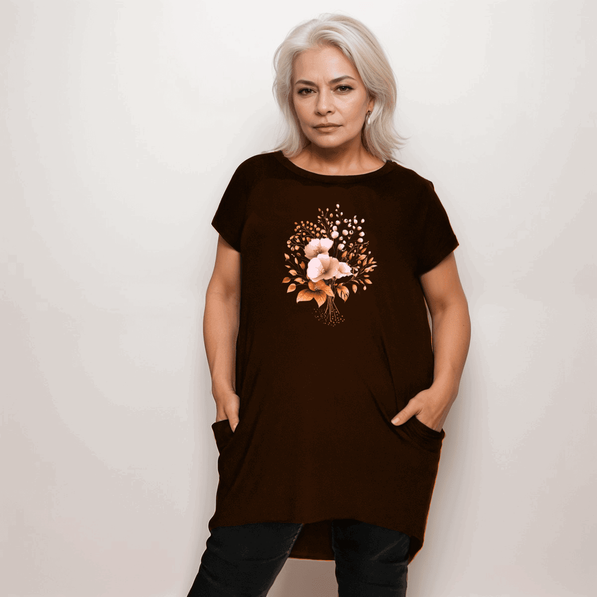 BLACK LONG POCKET T-SHIRT / TOP WITH PRETTY FLOWERS - FullFab