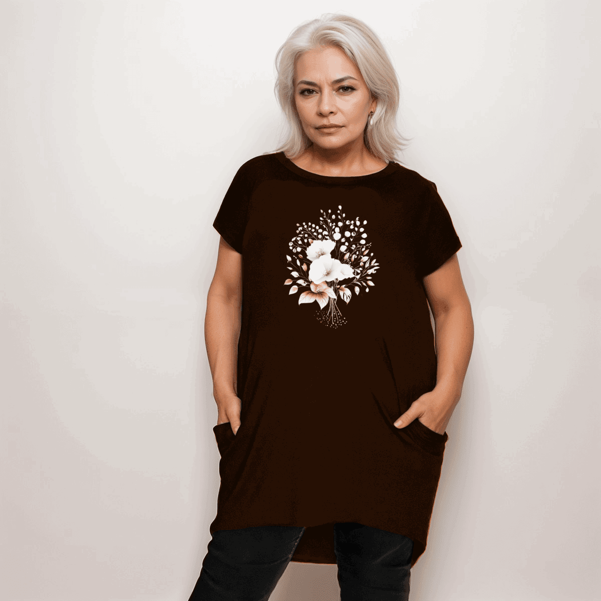 BLACK LONG POCKET T-SHIRT / TOP WITH PRETTY FLOWERS - FullFab