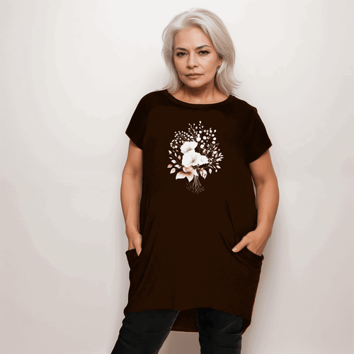 BLACK LONG POCKET T-SHIRT / TOP WITH PRETTY FLOWERS - FullFab