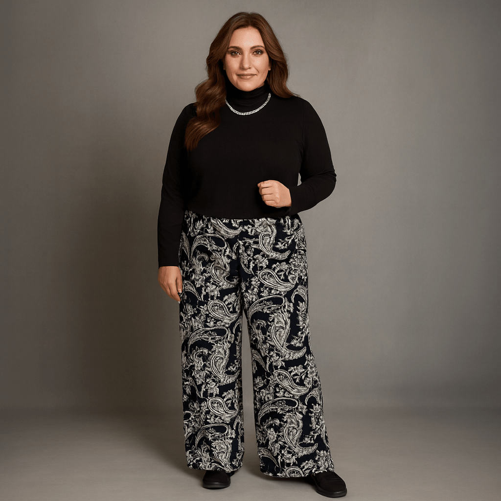 Black Long Sleeve Top with Paisley Print Wide Leg Pants, stylish and comfortable for casual wear.