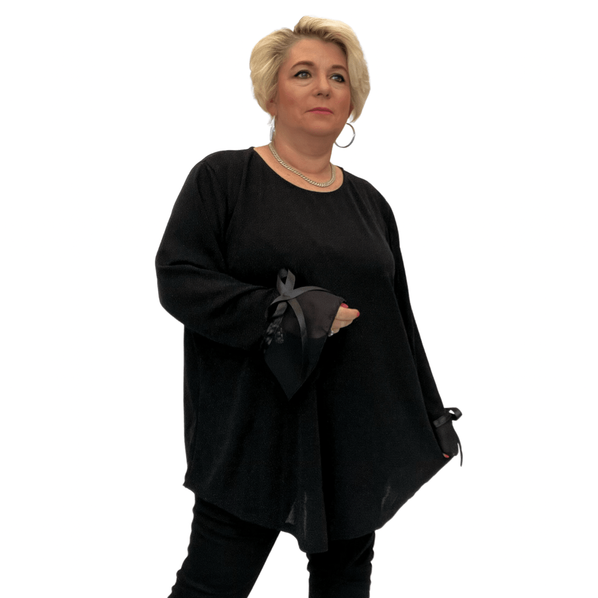 Black Loose-Fitting Top with Ribbon Sleeves for Women.